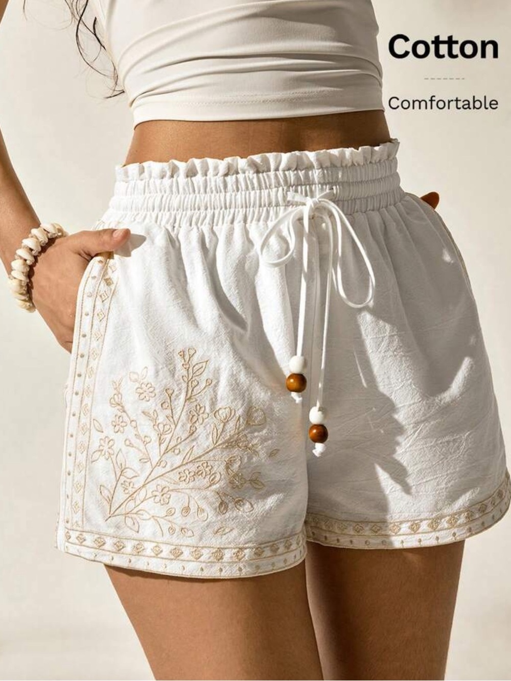 [75% Cotton] Easelle White Woven Women's Casual Boho Block Embroidery Shorts